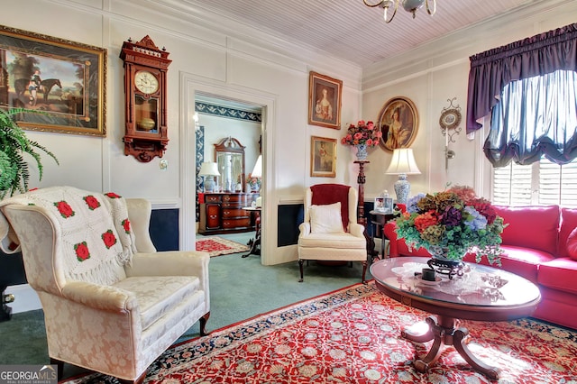 151 Flat Shoals Rd, Woodbury, GA 30293 - carpeted living area featuring a chandelier, ornamental molding, and a decorative wall