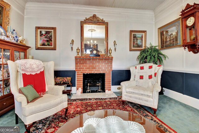 151 Flat Shoals Rd, Woodbury, GA 30293 - carpeted living room with a brick fireplace, a decorative wall, and ornamental molding
