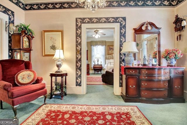 151 Flat Shoals Rd, Woodbury, GA 30293 - sitting room featuring baseboards, ceiling fan, and carpet flooring