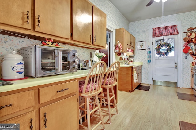 151 Flat Shoals Rd, Woodbury, GA 30293 - kitchen with light wood-style floors, ceiling fan, light countertops, and wallpapered walls