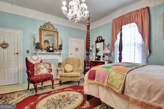 151 Flat Shoals Rd, Woodbury, GA 30293 - bedroom featuring carpet floors and a notable chandelier