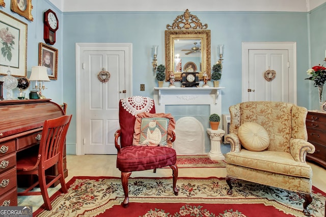 151 Flat Shoals Rd, Woodbury, GA 30293 - living area with a ceiling fan, a fireplace, and carpet flooring