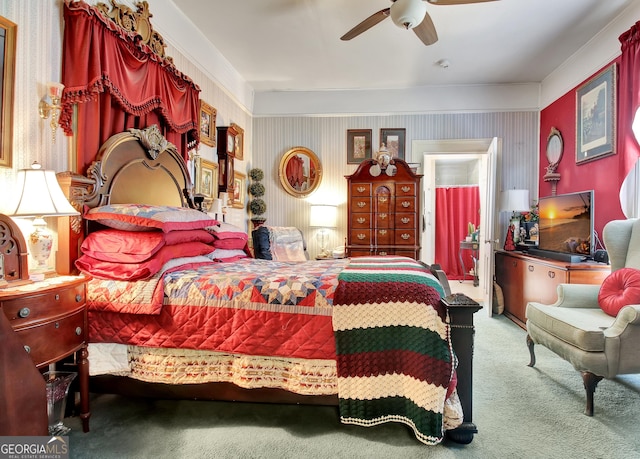 151 Flat Shoals Rd, Woodbury, GA 30293 - bedroom featuring wallpapered walls, connected bathroom, carpet floors, and ceiling fan