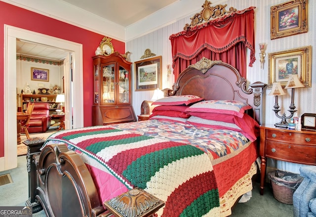 151 Flat Shoals Rd, Woodbury, GA 30293 - bedroom with carpet, crown molding, and wallpapered walls