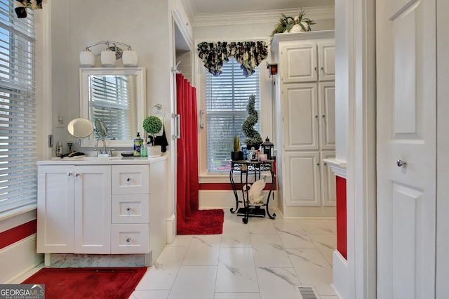 151 Flat Shoals Rd, Woodbury, GA 30293 - bathroom with baseboards, marble finish floor, ornamental molding, and vanity