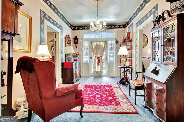 151 Flat Shoals Rd, Woodbury, GA 30293 - entryway featuring crown molding and a chandelier