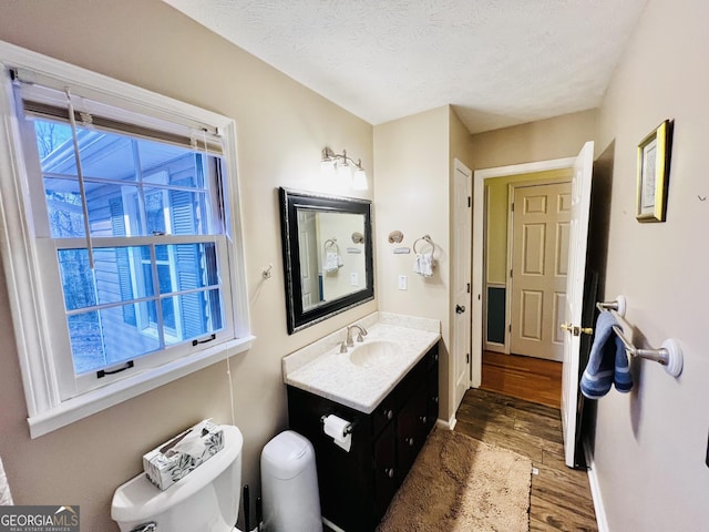 285 W0Lf Den Rd, Royston, GA 30662 - bathroom with toilet, vanity, wood finished floors, a textured ceiling, and baseboards