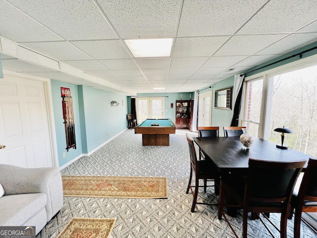285 W0Lf Den Rd, Royston, GA 30662 - playroom with baseboards, carpet floors, a paneled ceiling, and billiards table