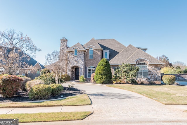 french country inspired facade featuring stone siding, roof with shingles, and a chimney
