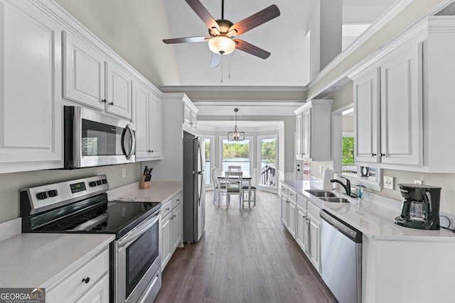 kitchen featuring a ceiling fan, a sink, dark wood-type flooring, appliances with stainless steel finishes, and white cabinetry