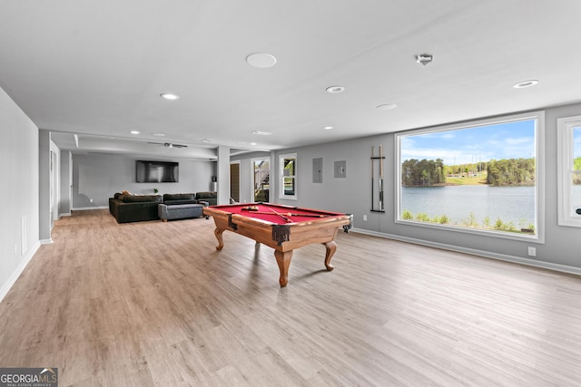 playroom featuring baseboards, wood finished floors, recessed lighting, and billiards