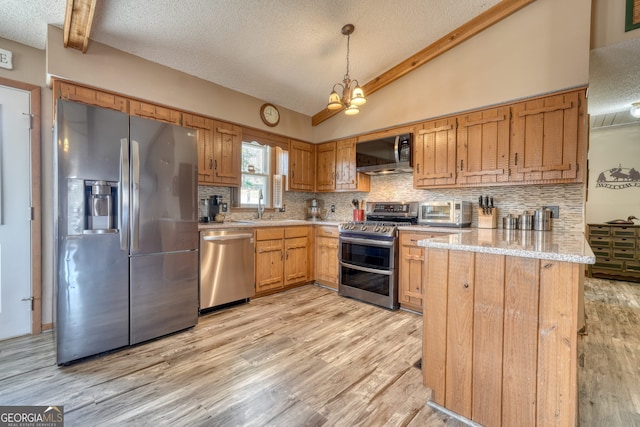625 Sunnyside Shores Rd, Hiawassee, GA 30546 - kitchen featuring a peninsula, vaulted ceiling with beams, light wood finished floors, and stainless steel appliances