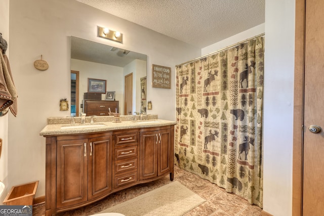 625 Sunnyside Shores Rd, Hiawassee, GA 30546 - full bathroom with a sink, curtained shower, a textured ceiling, and double vanity