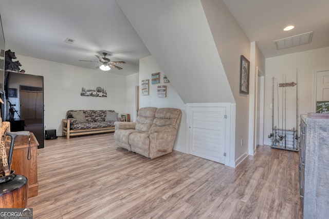 625 Sunnyside Shores Rd, Hiawassee, GA 30546 - living room with visible vents, baseboards, ceiling fan, recessed lighting, and wood finished floors