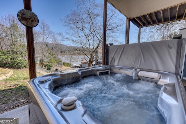 625 Sunnyside Shores Rd, Hiawassee, GA 30546 - view of patio featuring a hot tub