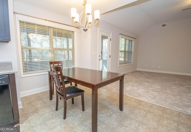 104 Park View Dr, Grantville, GA 30220 - dining area featuring visible vents, baseboards, a notable chandelier, light colored carpet, and lofted ceiling