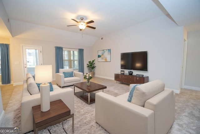 104 Park View Dr, Grantville, GA 30220 - living area with baseboards, light carpet, visible vents, lofted ceiling, and ceiling fan