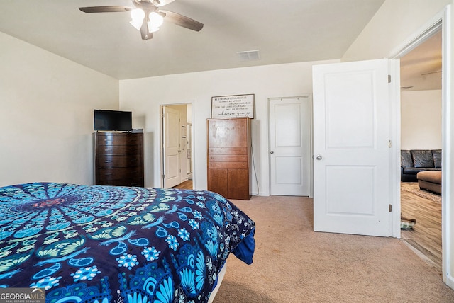 215 Apalachee Dr, Bethlehem, GA 30620 - bedroom featuring a ceiling fan, light colored carpet, and visible vents