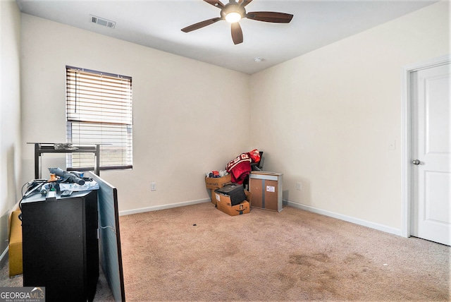 215 Apalachee Dr, Bethlehem, GA 30620 - miscellaneous room featuring ceiling fan, visible vents, baseboards, and carpet