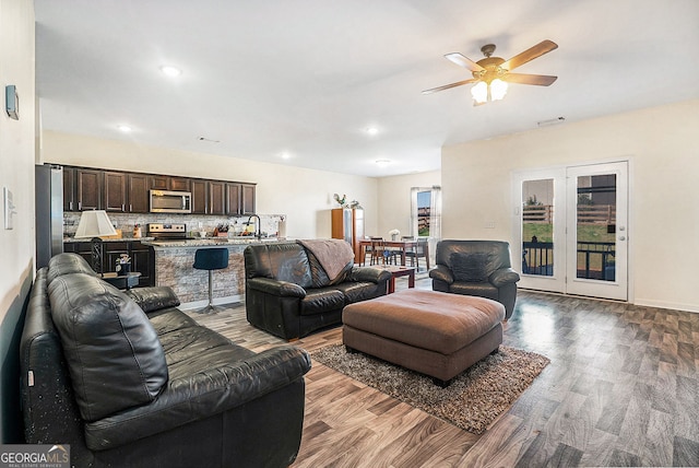 215 Apalachee Dr, Bethlehem, GA 30620 - living room featuring a ceiling fan, recessed lighting, wood finished floors, and visible vents
