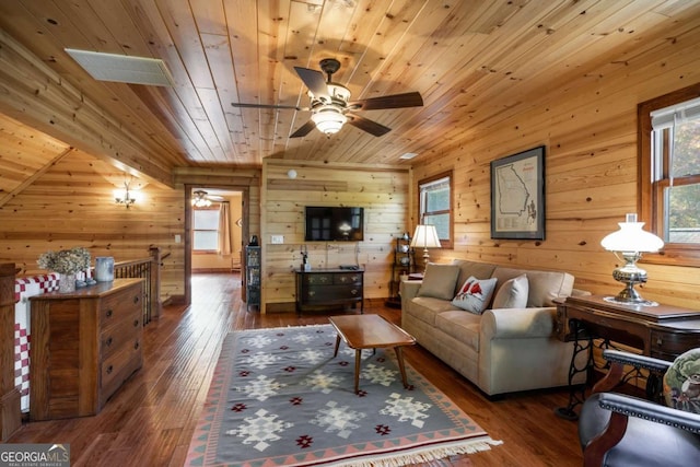 2778 Kelly Ln, Hiawassee, GA 30546 - living room featuring wood ceiling, a ceiling fan, wooden walls, and hardwood / wood-style flooring