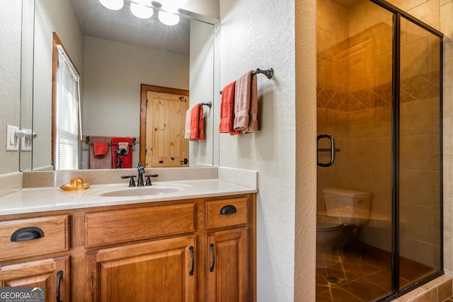 2778 Kelly Ln, Hiawassee, GA 30546 - bathroom with a stall shower, vanity, and a textured wall