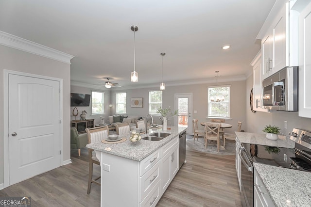 kitchen with white cabinets, crown molding, stainless steel appliances, a sink, and a wealth of natural light