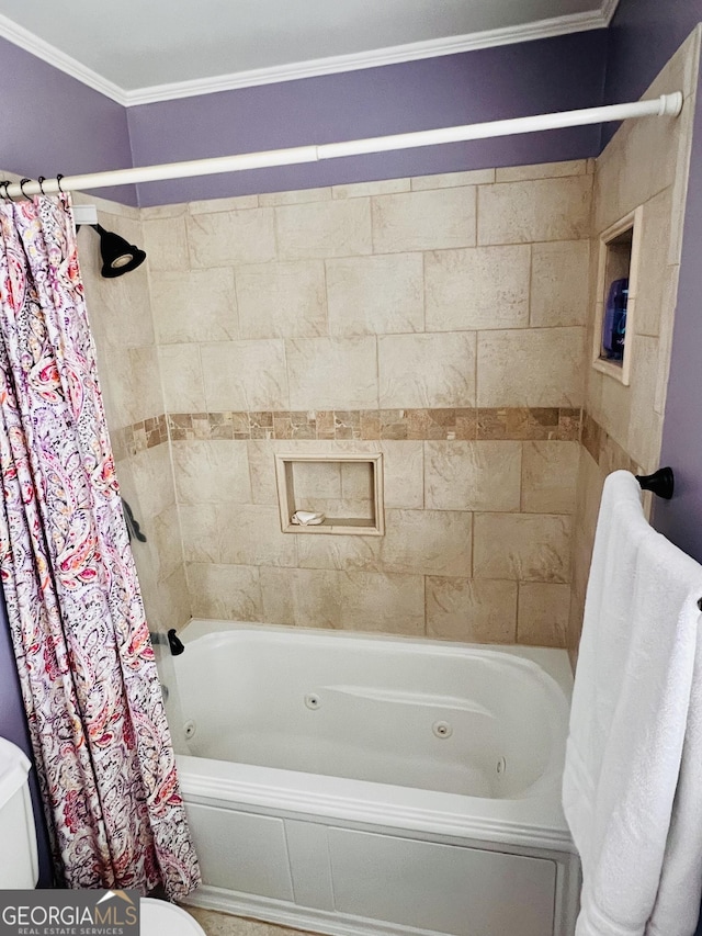 full bathroom featuring a combined bath / shower with jetted tub, ornamental molding, and toilet