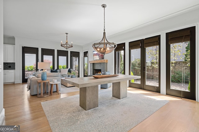 rec room with healthy amount of natural light, a fireplace, crown molding, and light wood-type flooring