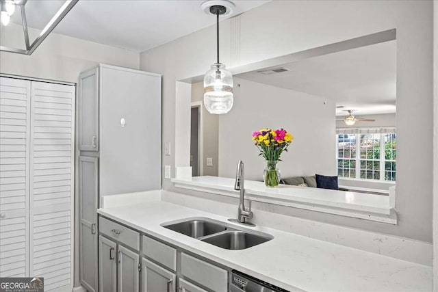 303 Mill Pond Ct SE, Smyrna, GA 30082 - kitchen featuring light countertops, gray cabinetry, a sink, visible vents, and a ceiling fan