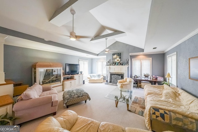 4751 Bill Cheek Rd, Auburn, GA 30011 - living room with a ceiling fan, a fireplace with raised hearth, carpet flooring, plenty of natural light, and ornamental molding