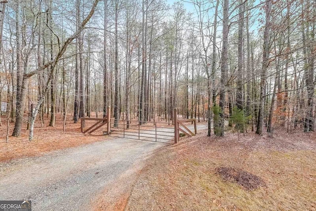 view of road featuring a wooded view, a gated entry, and a gate