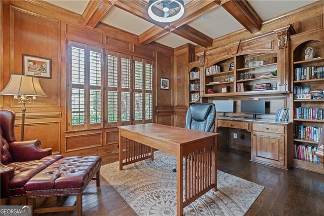 office space with dark wood-type flooring, coffered ceiling, wooden walls, and beamed ceiling