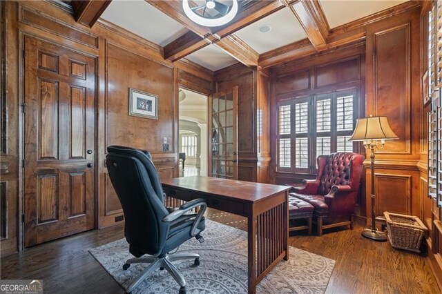 office featuring dark wood-type flooring, coffered ceiling, and beam ceiling