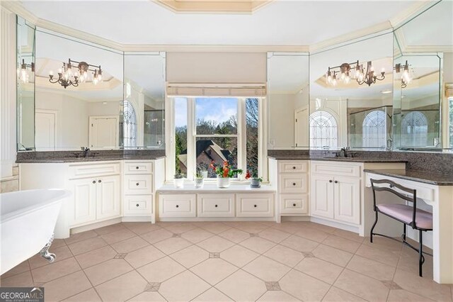 full bathroom featuring crown molding, visible vents, and a stall shower