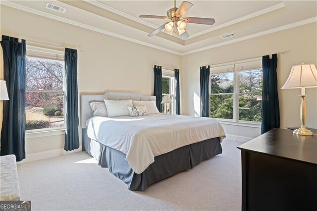 bedroom with visible vents, carpet floors, and a tray ceiling