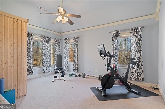 exercise room featuring baseboards, a ceiling fan, carpet flooring, and visible vents