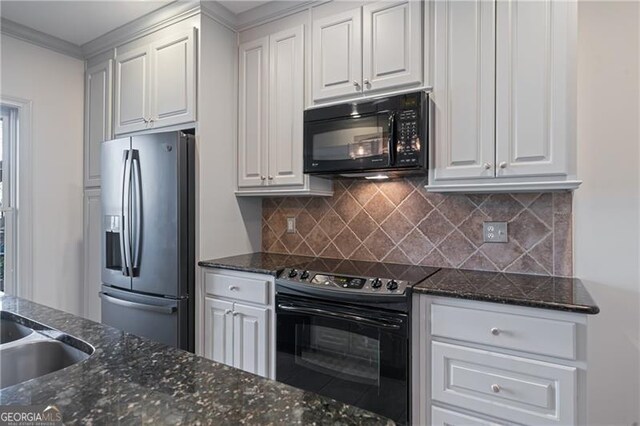 bathroom with crown molding, tile patterned flooring, a stall shower, vanity, and toilet