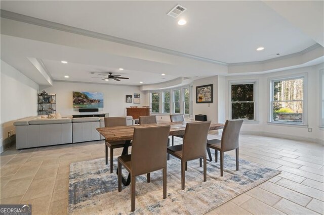 dining room with recessed lighting, ceiling fan, visible vents, and a raised ceiling