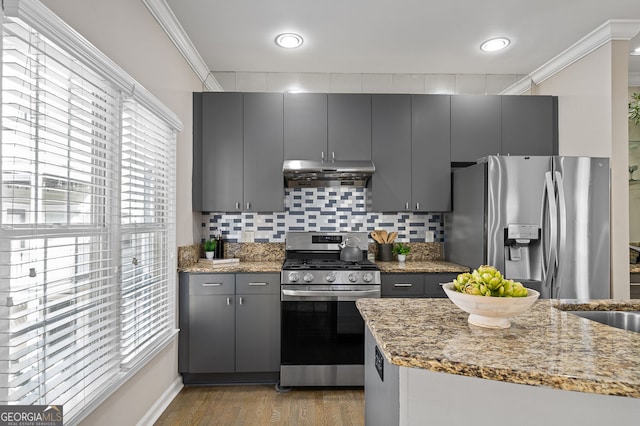kitchen with extractor fan, ornamental molding, gray cabinets, and stainless steel appliances
