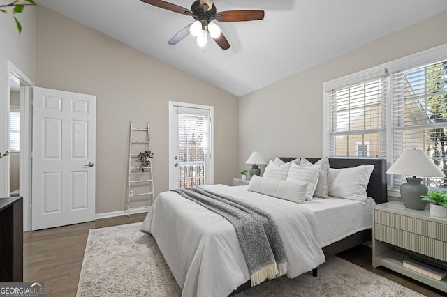 bedroom with lofted ceiling, a ceiling fan, access to outside, wood finished floors, and baseboards
