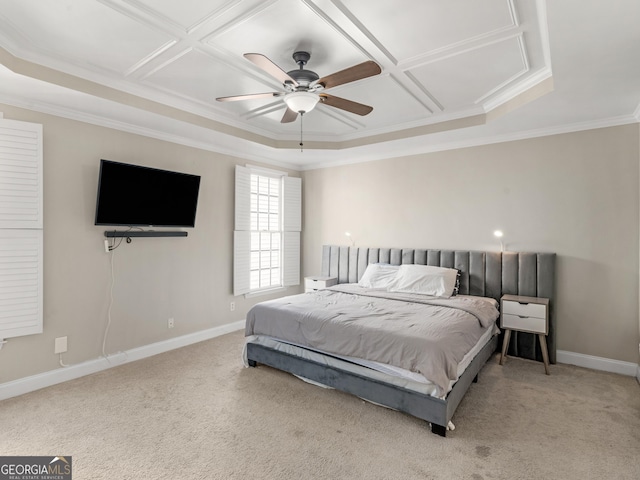 152 Vinings Lake Ct SW, Mableton, GA 30126 - carpeted bedroom featuring baseboards, ornamental molding, coffered ceiling, and a ceiling fan