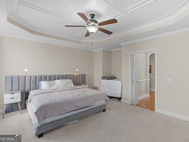 152 Vinings Lake Ct SW, Mableton, GA 30126 - carpeted bedroom with crown molding, baseboards, a ceiling fan, arched walkways, and coffered ceiling