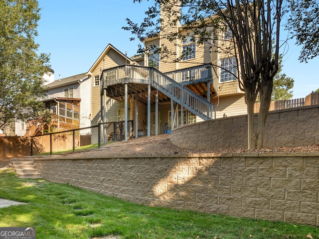 152 Vinings Lake Ct SW, Mableton, GA 30126 - rear view of property with a deck, fence, and stairway