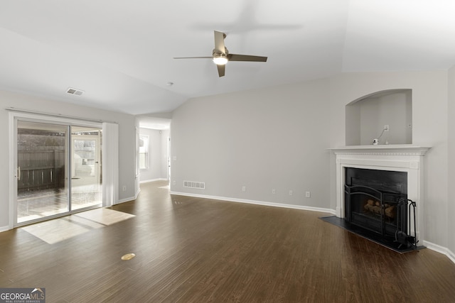 4071 Cottage Oaks Dr Unit 3, Acworth, GA 30101 - unfurnished living room featuring ceiling fan, wood finished floors, vaulted ceiling, a fireplace, and baseboards