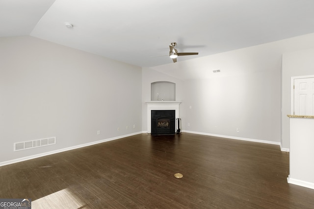 4071 Cottage Oaks Dr Unit 3, Acworth, GA 30101 - unfurnished living room featuring a ceiling fan, vaulted ceiling, a fireplace with flush hearth, baseboards, and dark wood-type flooring