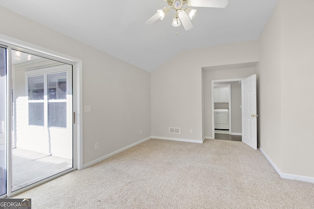 4071 Cottage Oaks Dr Unit 3, Acworth, GA 30101 - carpeted empty room featuring washer / clothes dryer, a ceiling fan, baseboards, and lofted ceiling