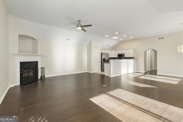 4071 Cottage Oaks Dr Unit 3, Acworth, GA 30101 - unfurnished living room with lofted ceiling, a ceiling fan, a fireplace with flush hearth, recessed lighting, and baseboards