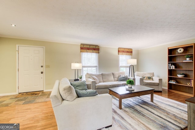 living area with baseboards, ornamental molding, and light wood-style floors