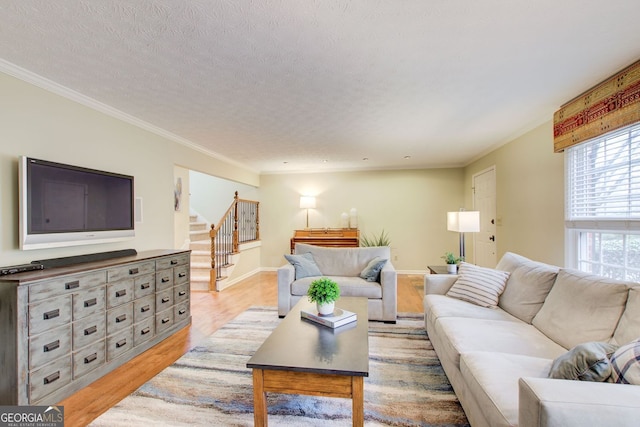 living room featuring light wood-type flooring, a textured ceiling, crown molding, and stairs